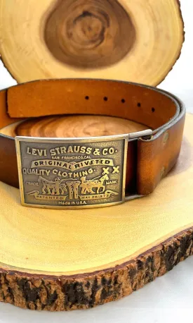 LEVIS STRAUS 70s Leather Belt with Bronze Buckle, Size 34"