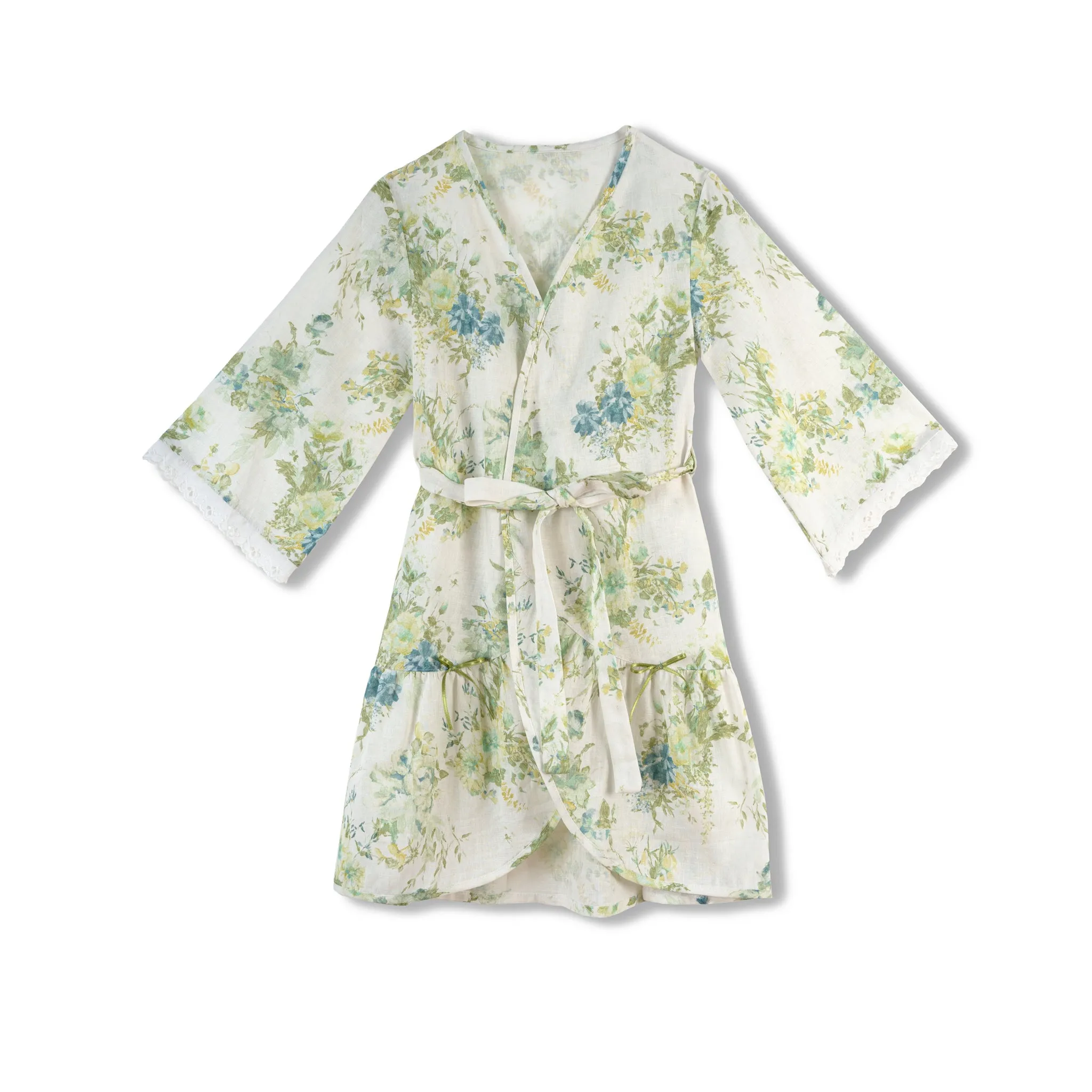 MILA GIRLS’ LINEN DRESSING GOWN GREEN FLOWERS