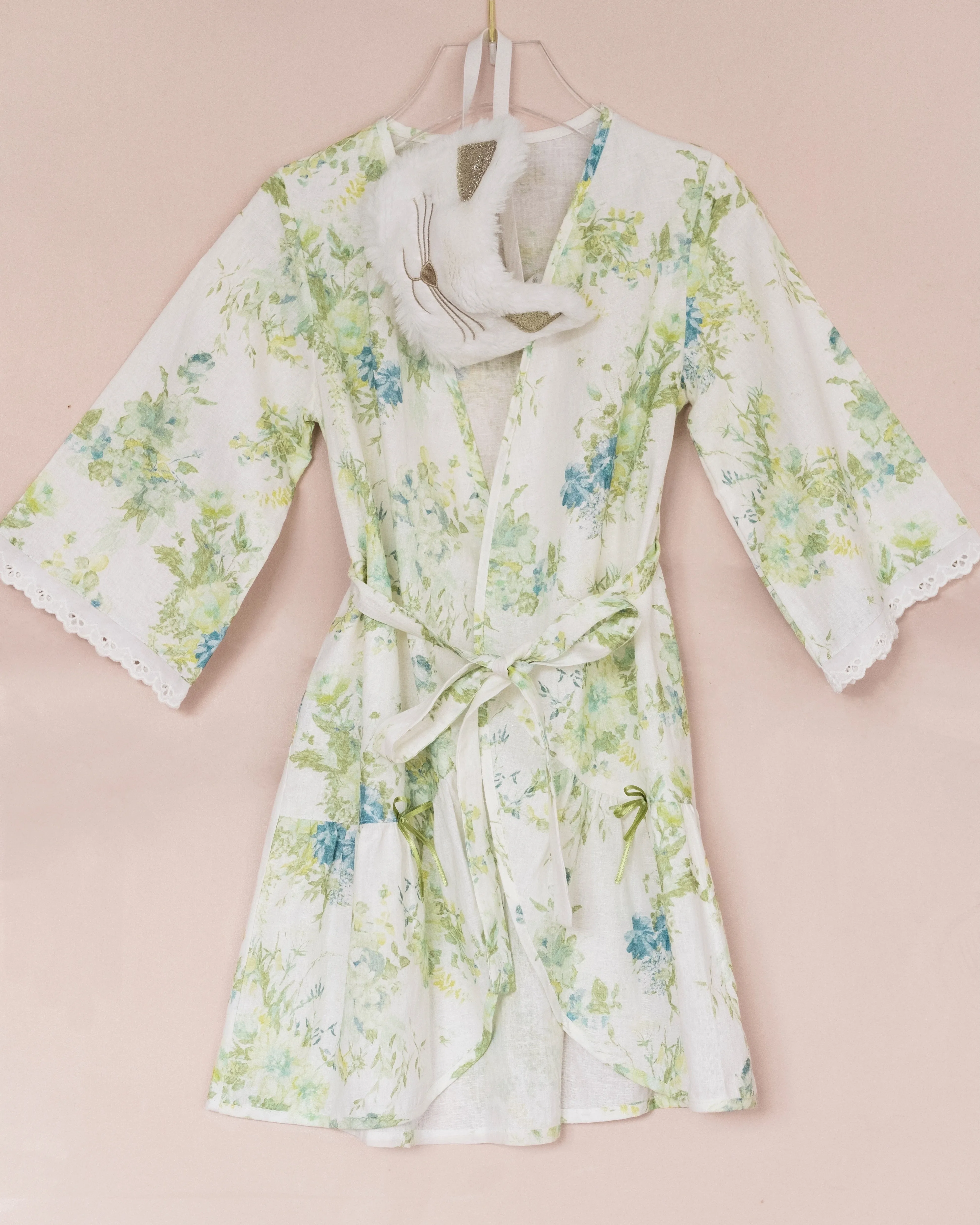 MILA GIRLS’ LINEN DRESSING GOWN GREEN FLOWERS