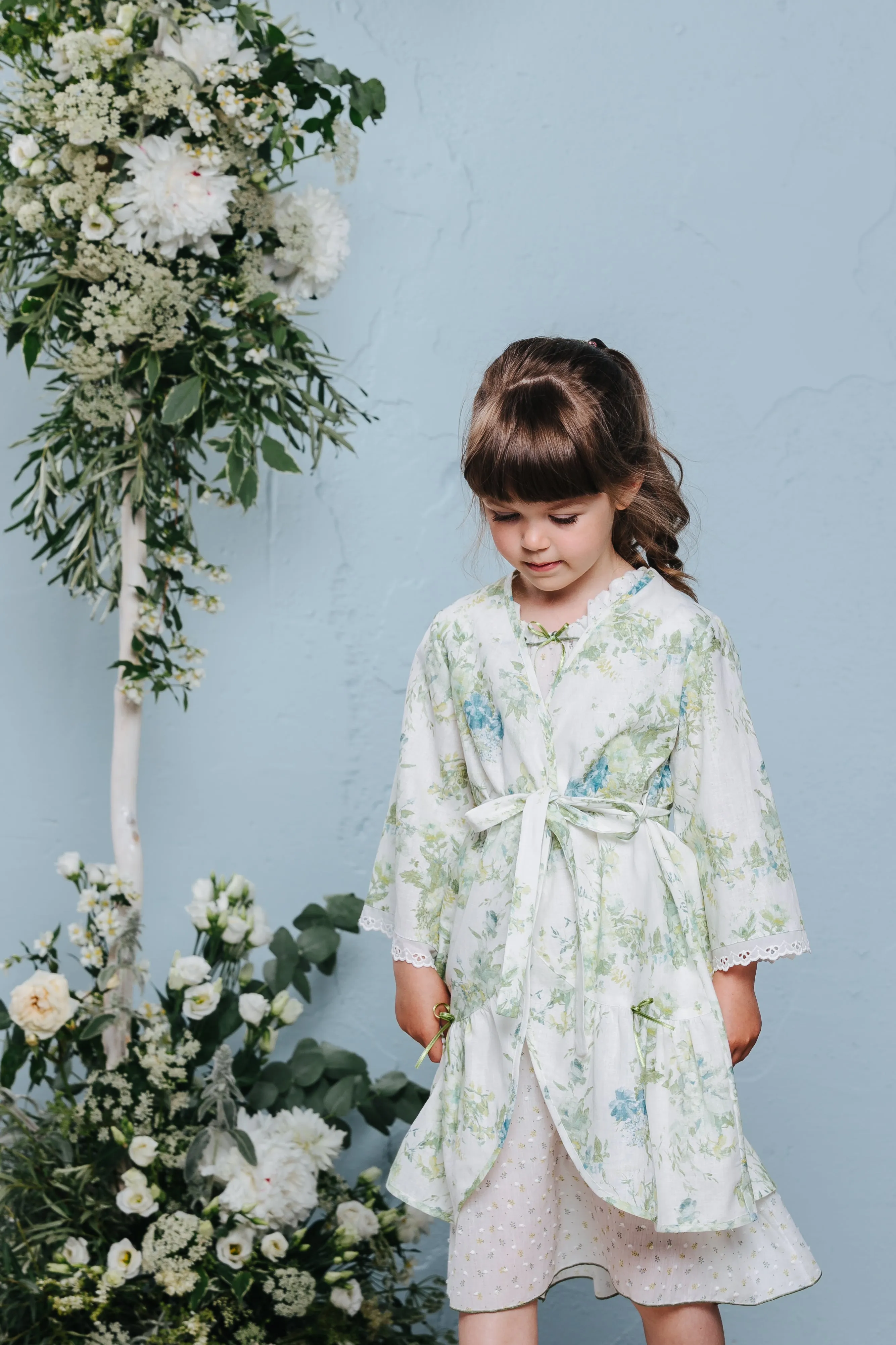 MILA GIRLS’ LINEN DRESSING GOWN GREEN FLOWERS