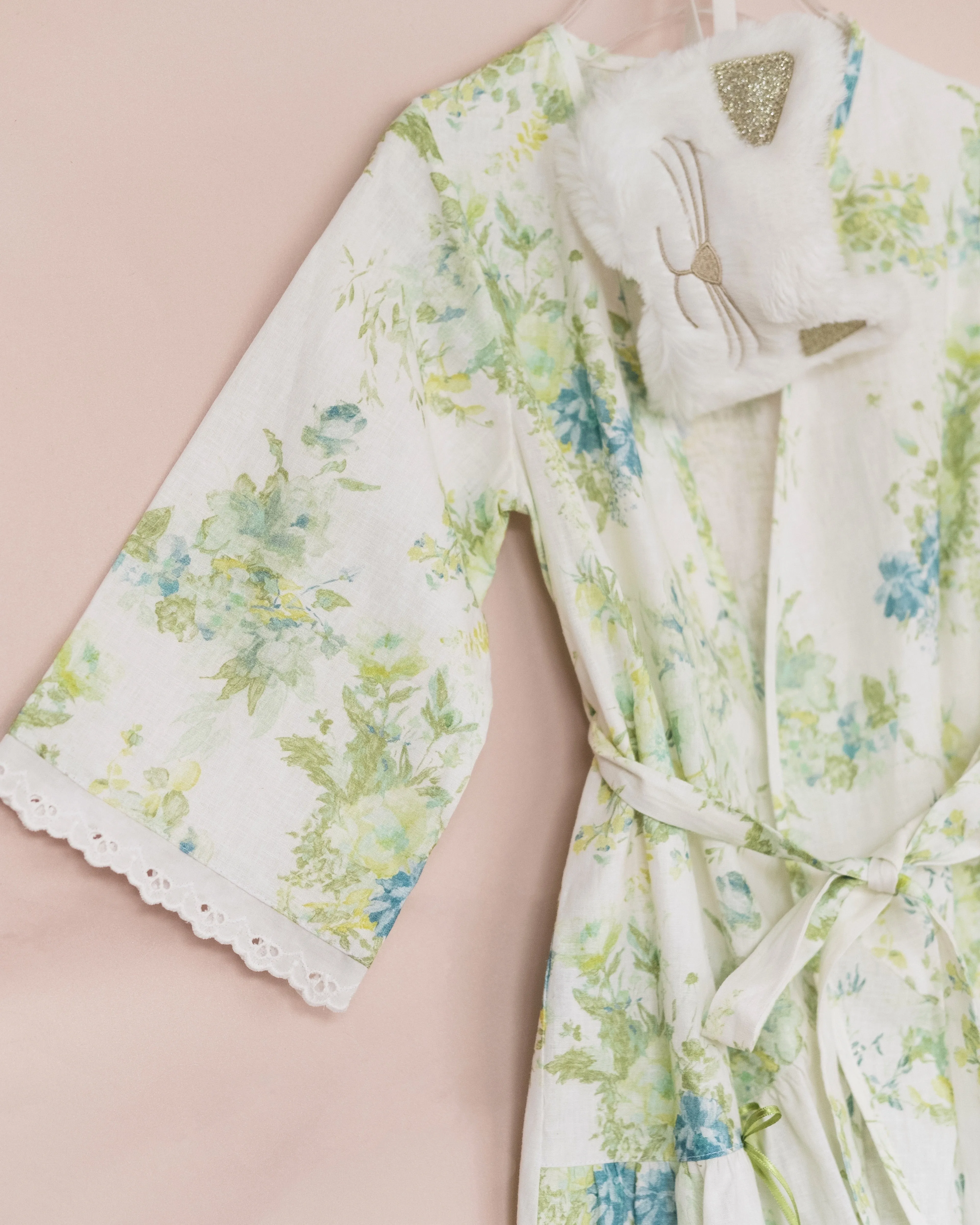 MILA GIRLS’ LINEN DRESSING GOWN GREEN FLOWERS