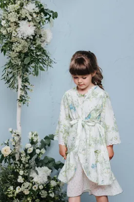 MILA GIRLS’ LINEN DRESSING GOWN GREEN FLOWERS