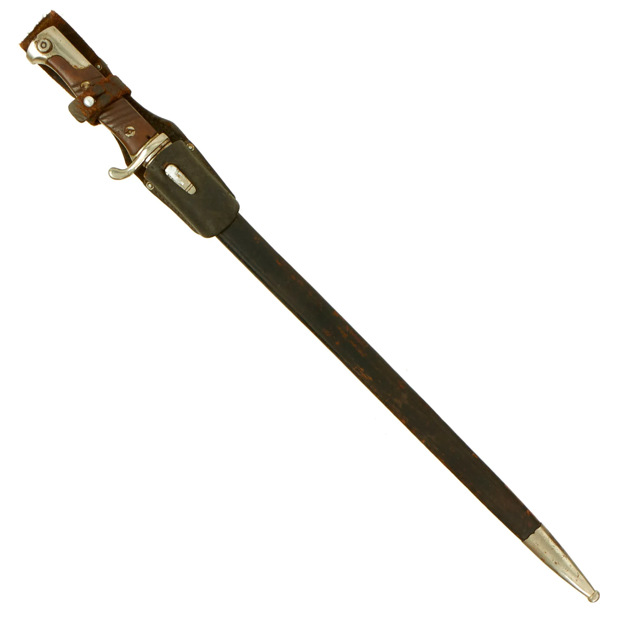 Original German WWI M1898 GEW 98 Nickel Plated Parade Bayonet with Scabbard and Leather Frog