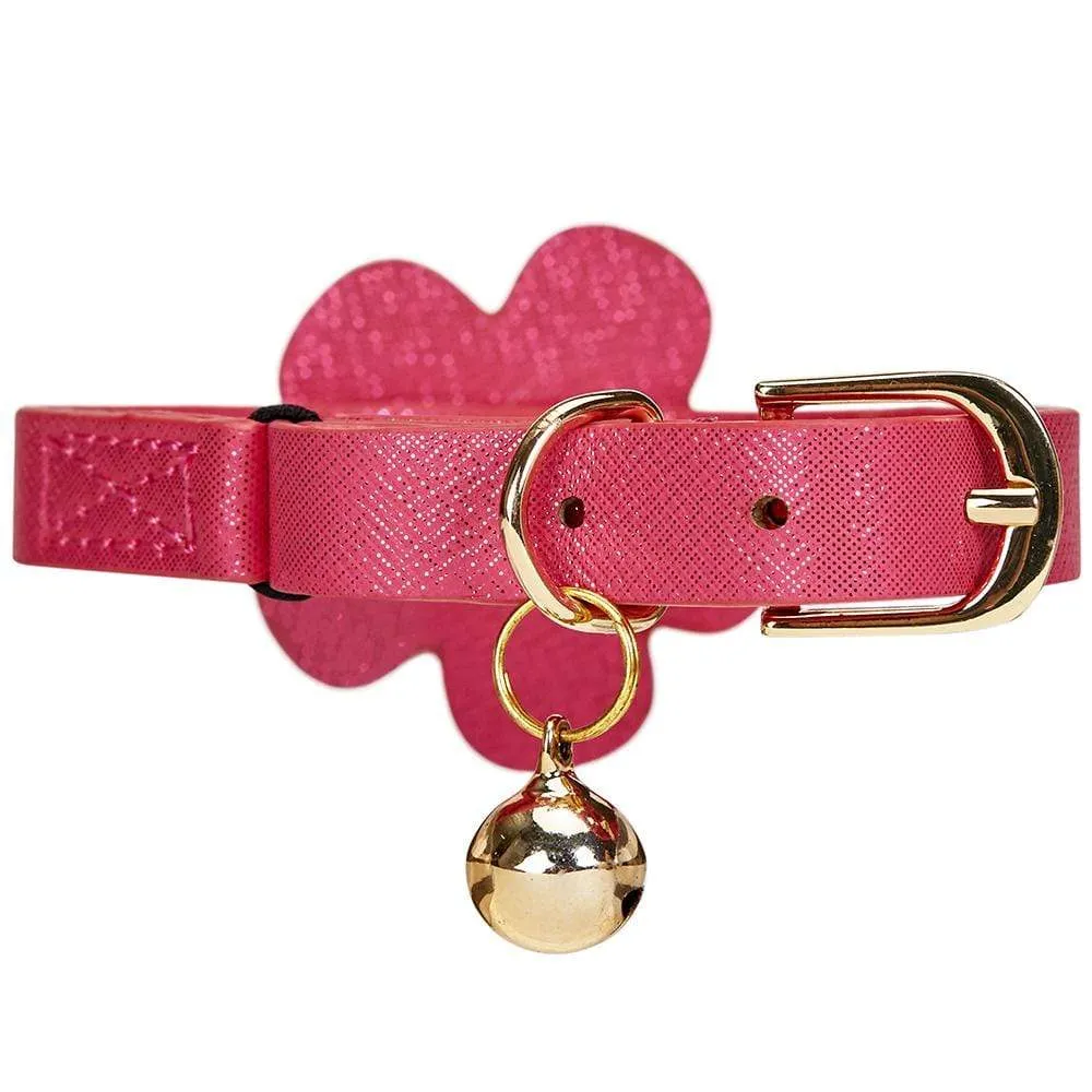 Perfect-fit Glistering PU Leather Cat Collar with Bell and Flower