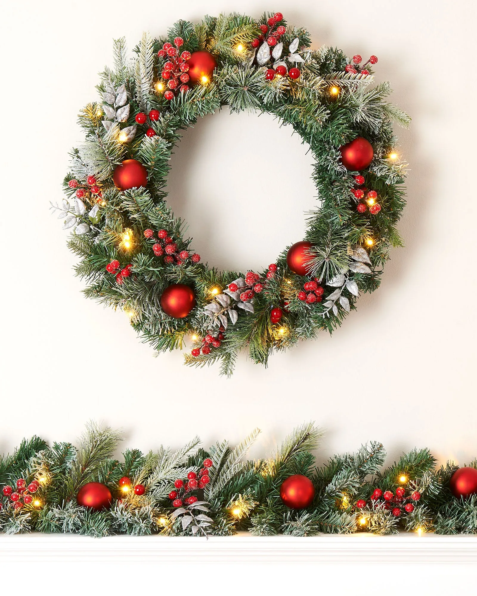 Pre-Lit Decorated Frosted Garland & Wreath