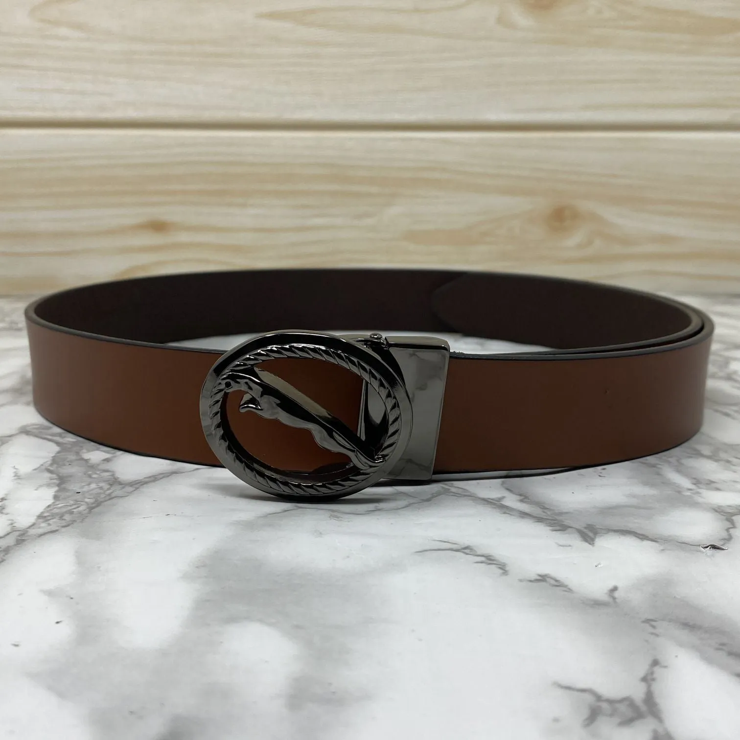 Round Jaguar Metal Buckle With Leather Strap Belt-JonasParamount