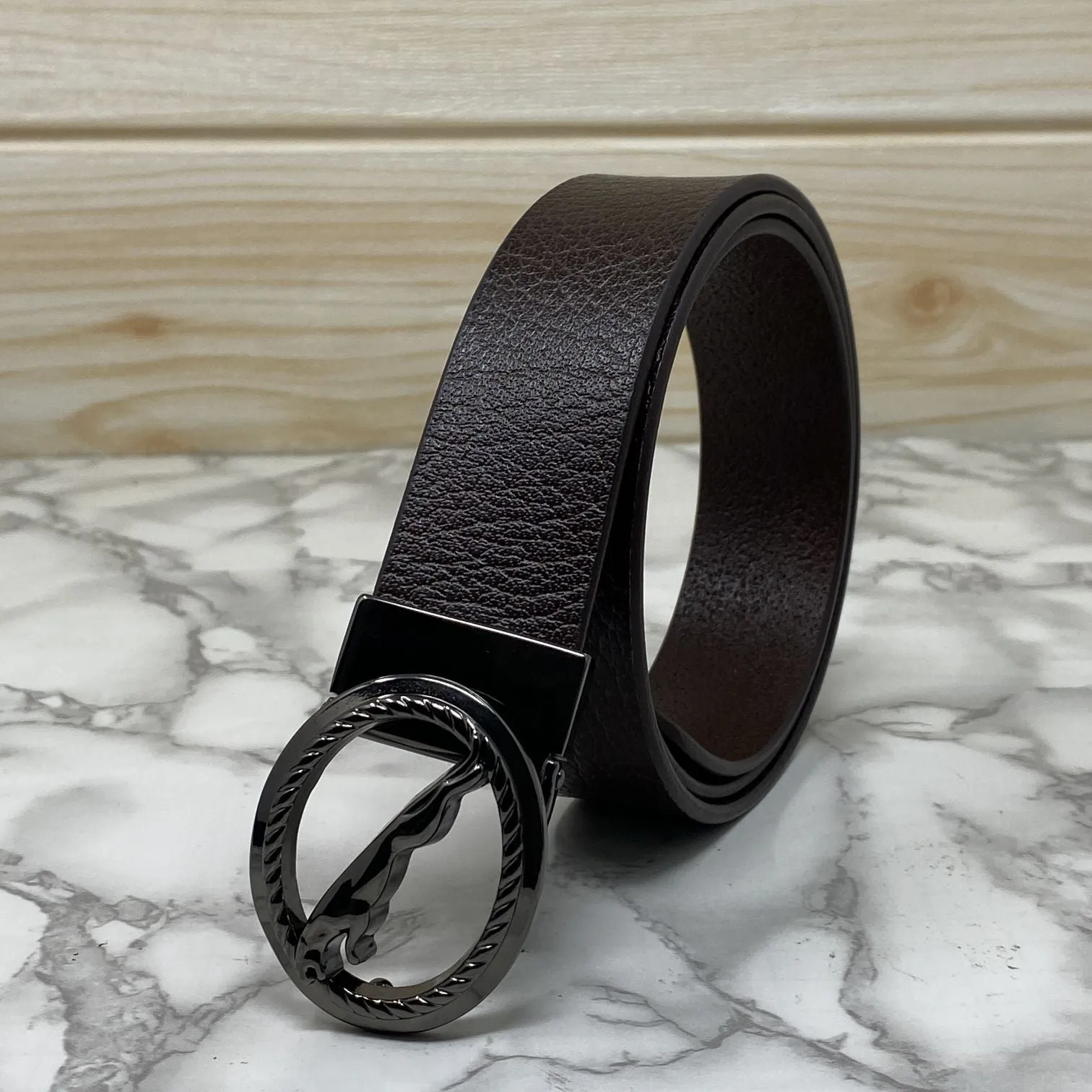 Round Jaguar Metal Buckle With Leather Strap Belt-JonasParamount