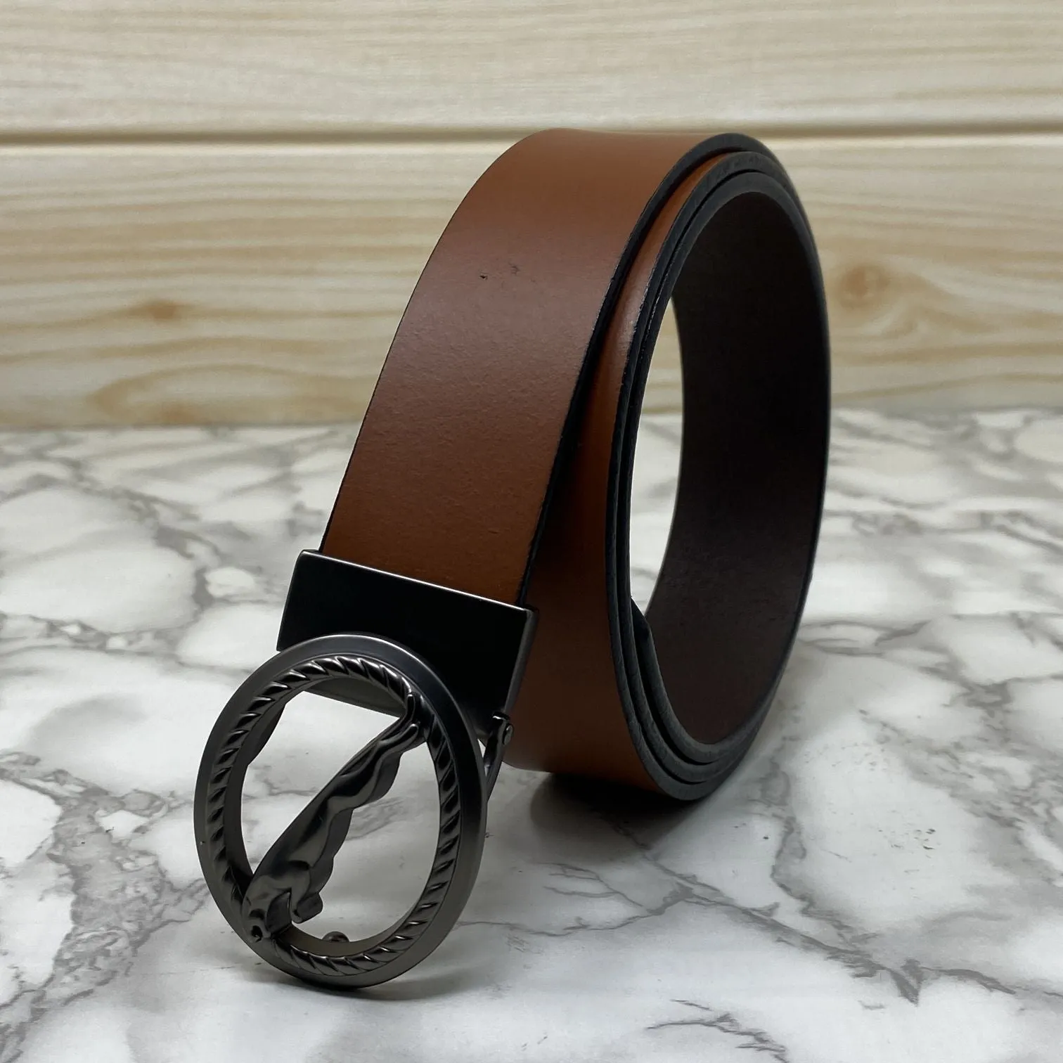 Round Jaguar Metal Buckle With Leather Strap Belt-JonasParamount