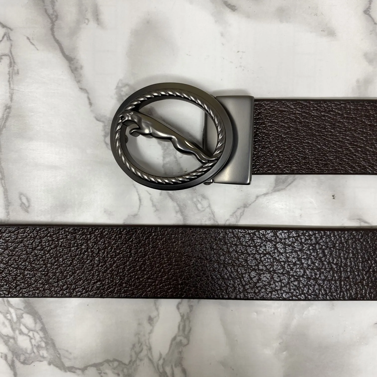 Round Jaguar Metal Buckle With Leather Strap Belt-JonasParamount