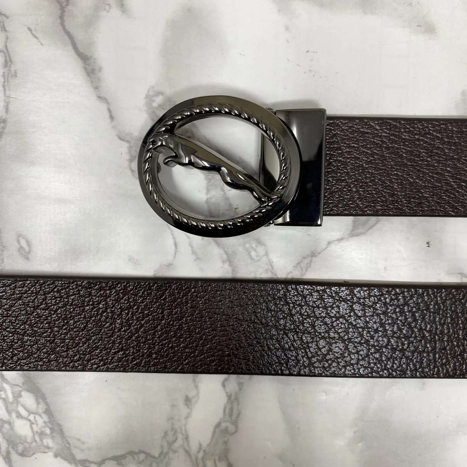 Round Jaguar Metal Buckle With Leather Strap Belt-JonasParamount