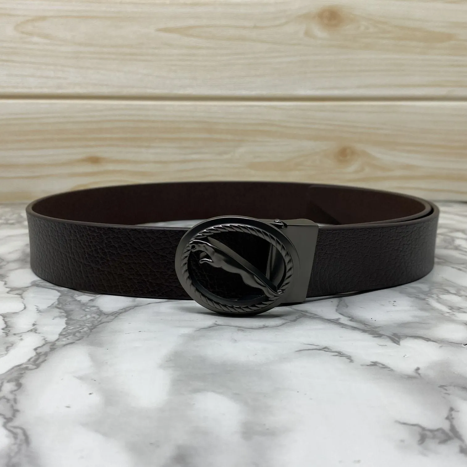 Round Jaguar Metal Buckle With Leather Strap Belt-JonasParamount