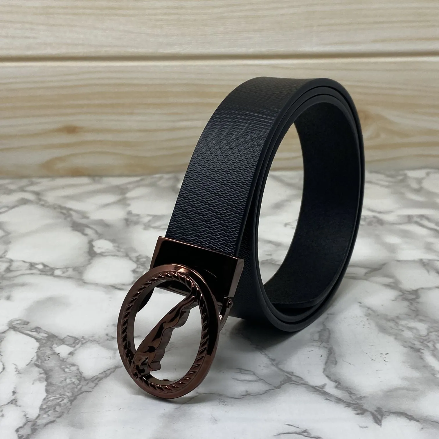 Round Jaguar Metal Buckle With Leather Strap Belt-JonasParamount