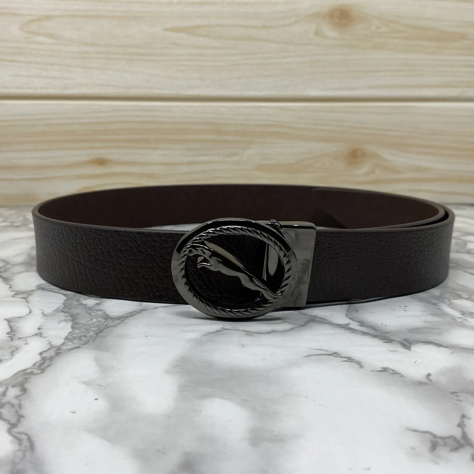 Round Jaguar Metal Buckle With Leather Strap Belt-JonasParamount