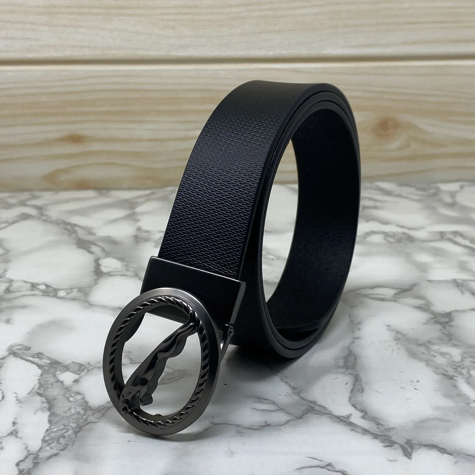 Round Jaguar Metal Buckle With Leather Strap Belt-JonasParamount