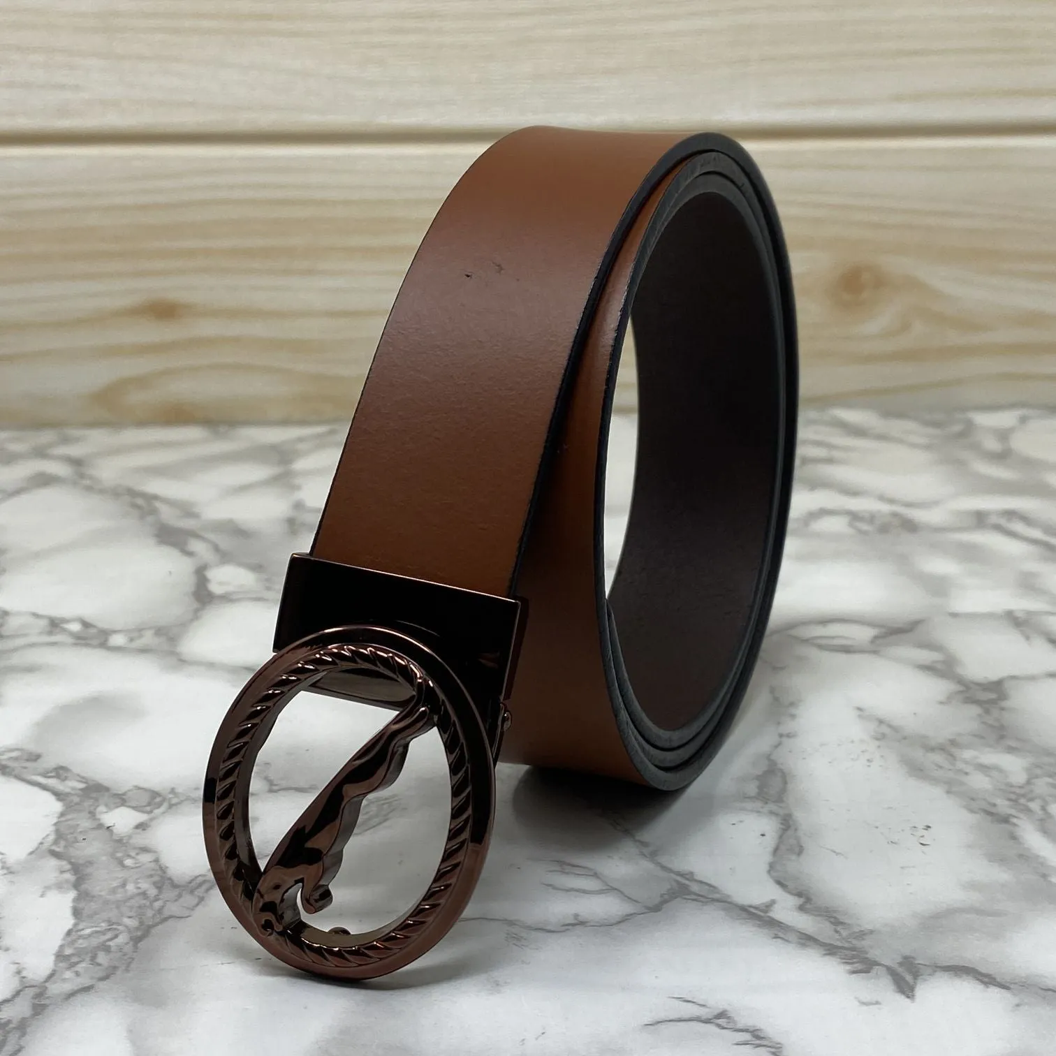 Round Jaguar Metal Buckle With Leather Strap Belt-JonasParamount