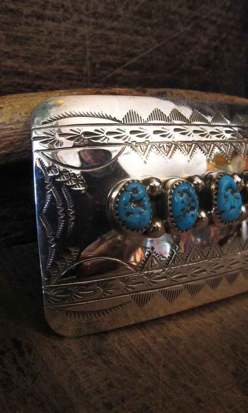 SILVER STREAK Sterling Silver and Turquoise Nugget Navajo Belt Buckle