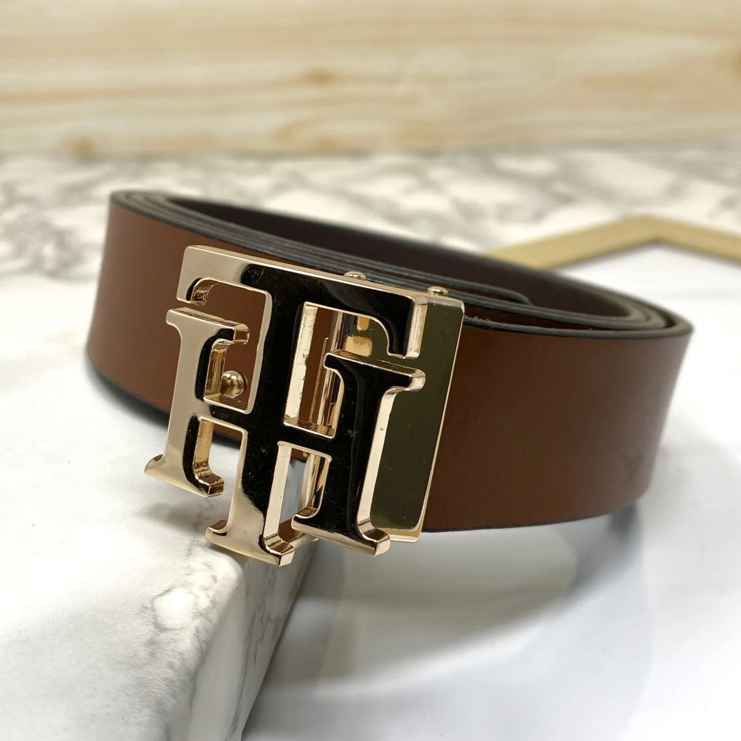 TH Pattern Leather Strap Belt-JonasParamount