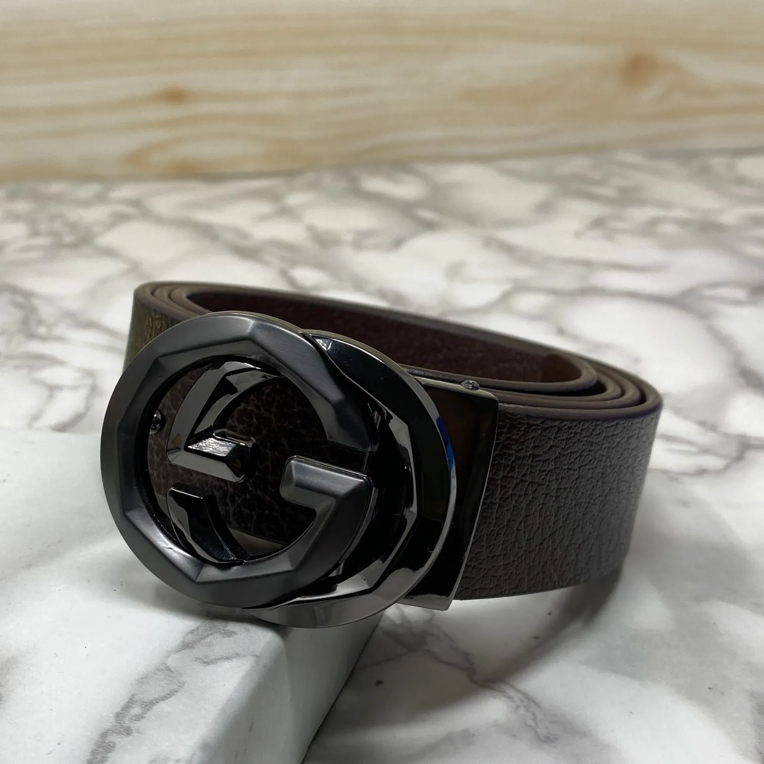 Two Tone Metal Round GG Leather Strap Belt-JonasParamount