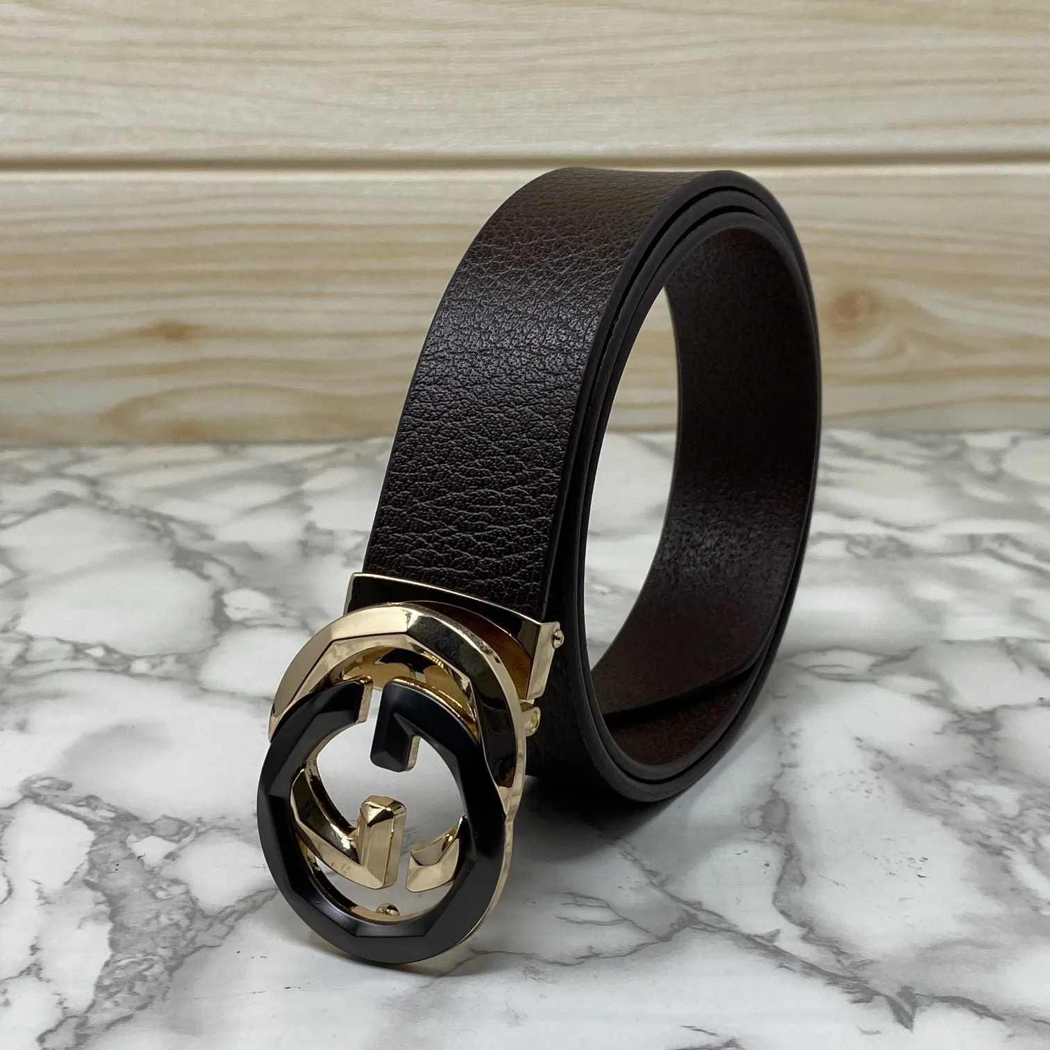 Two Tone Metal Round GG Leather Strap Belt-JonasParamount