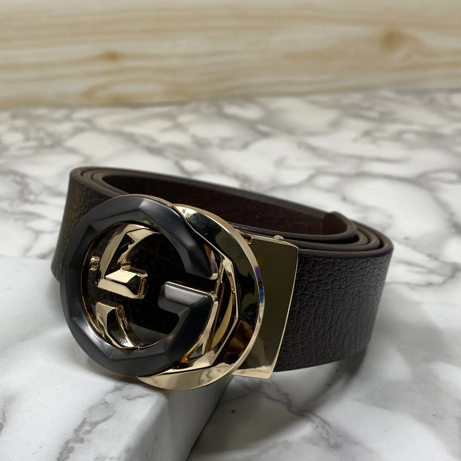 Two Tone Metal Round GG Leather Strap Belt-JonasParamount