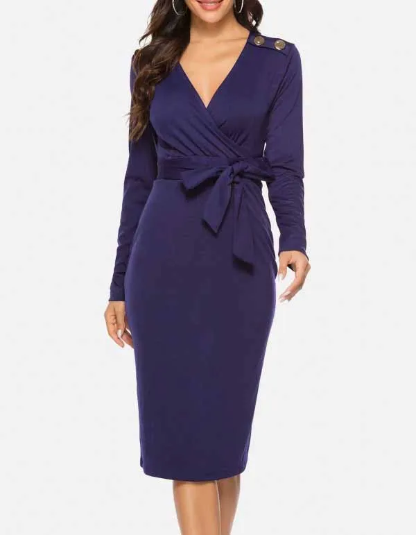 V-neck solid color long-sleeved button-decorated belt long-sleeved bodycon dress