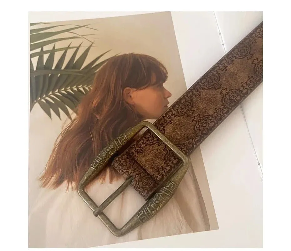 Vintage Embossed Belt - High-Quality PU & Metal - Adjustable Length - Stylish Floral Pattern