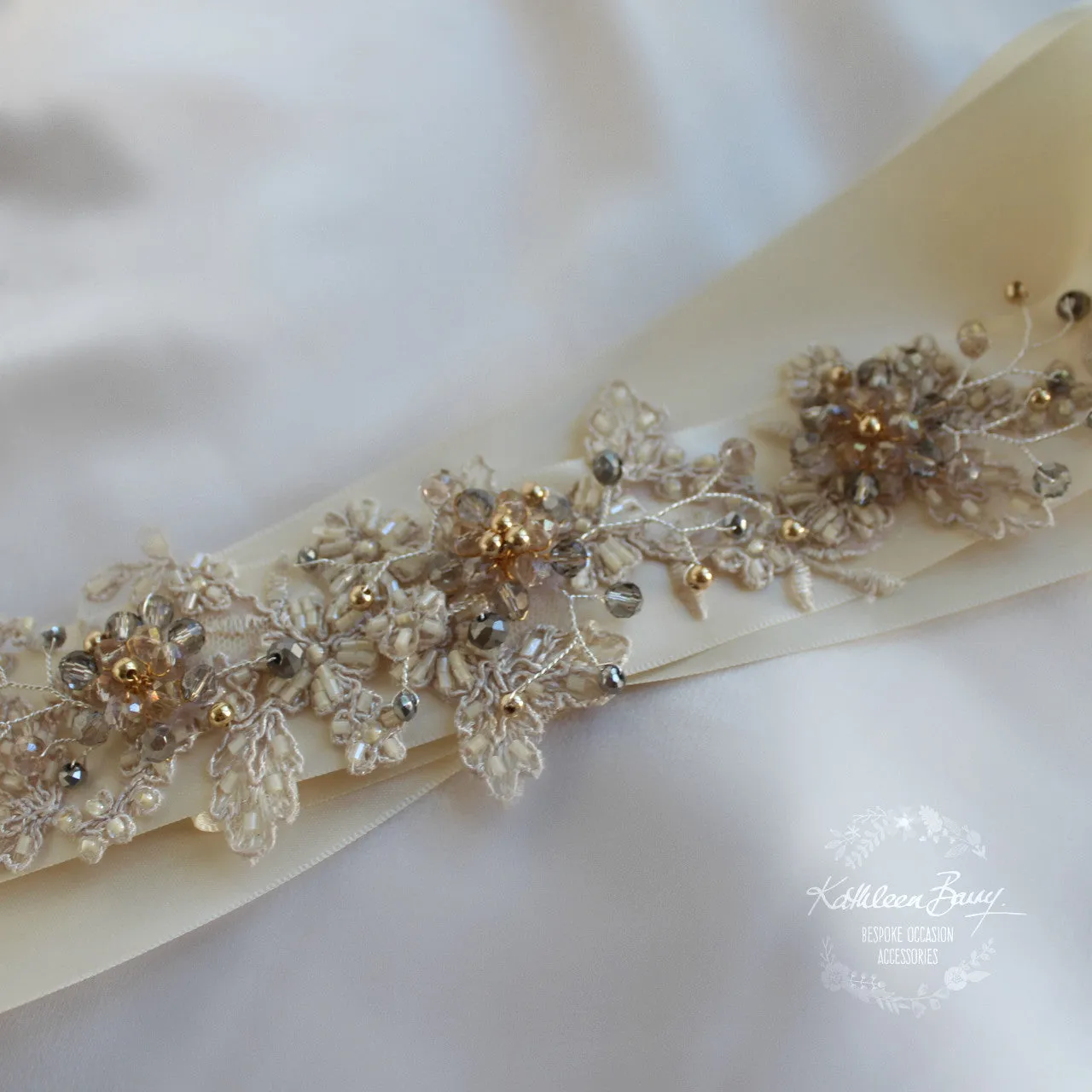 Vintage gold lace sash belt - wedding dress bridal accessory - antique gold and silver grey - Bridal belt