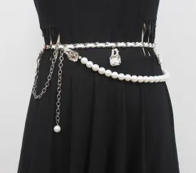 Vintage Pearl Rhinestone Multilayer Metal Chain Tassel Waist Chain Clothes Decoration Thin Metal Belt