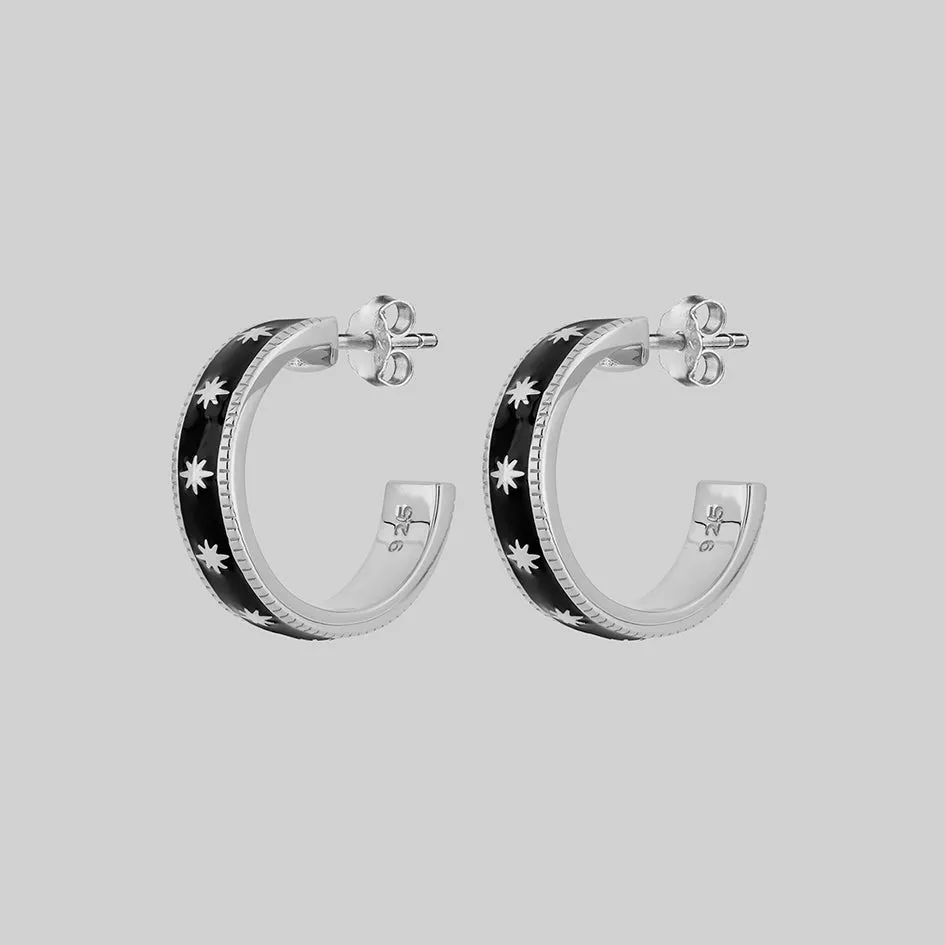 VYVIAN. Tiny Stars Black Enamel Hoop Earrings - Silver