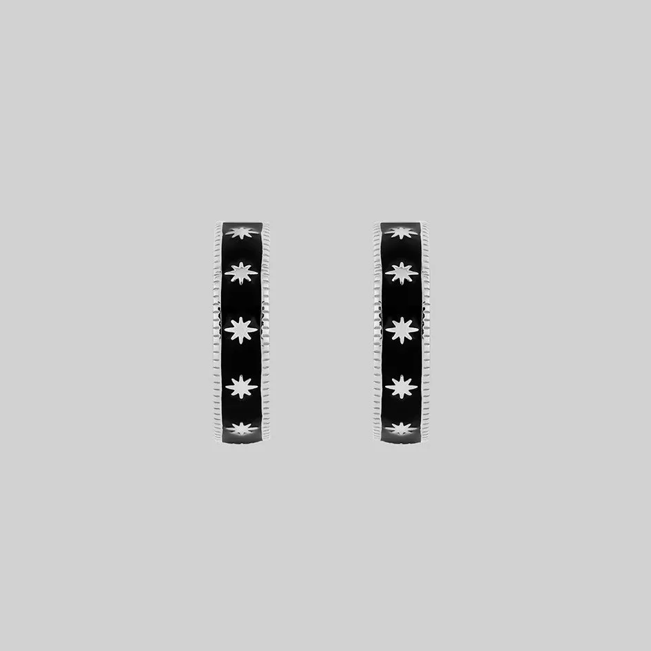 VYVIAN. Tiny Stars Black Enamel Hoop Earrings - Silver